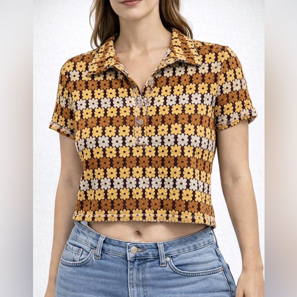 Free People Floral Short Sleeve Crop Top Boho 70's Retro Hippie Womens Size S